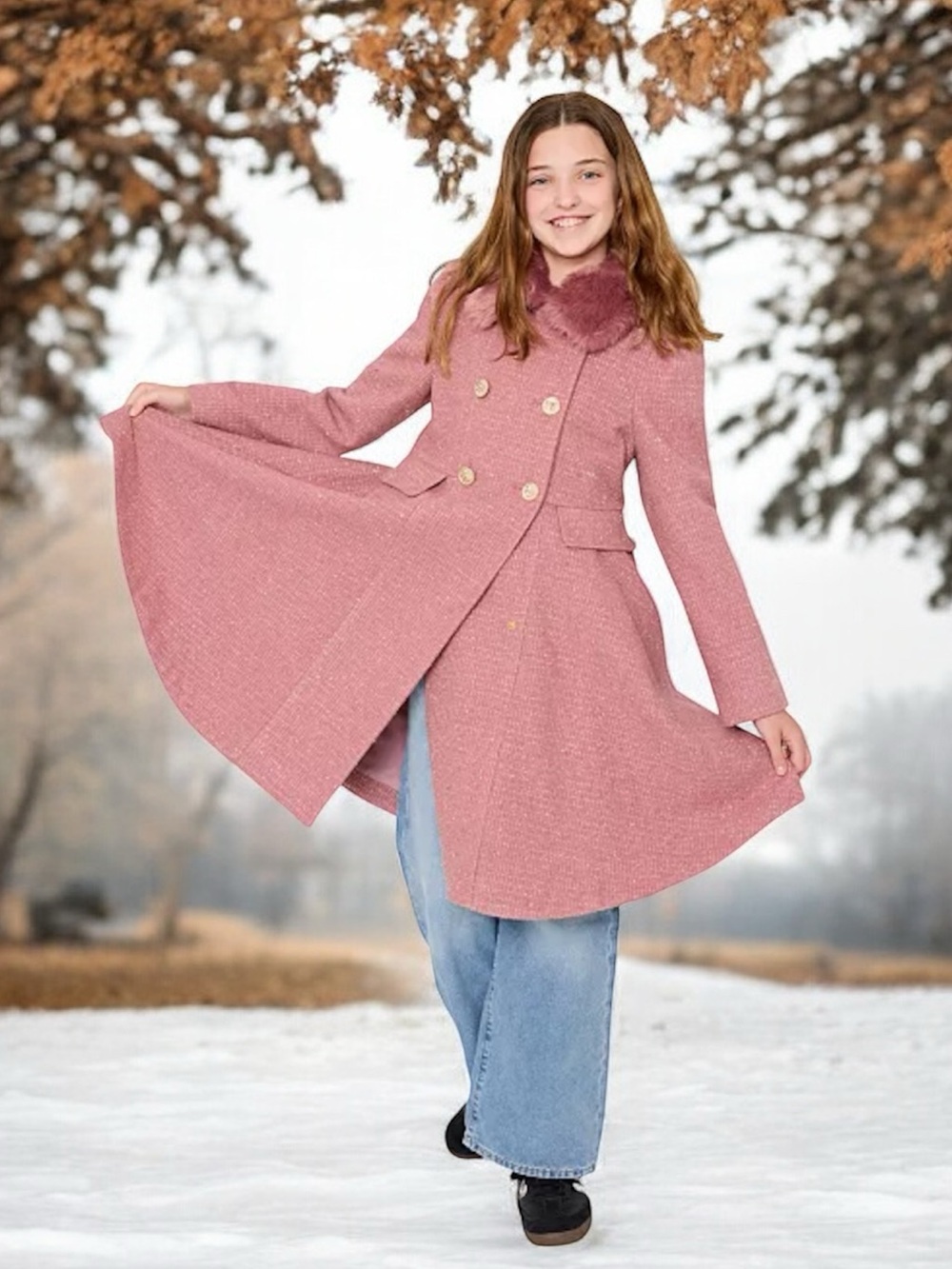 Rothschild Girl’s Sz 16 Long Sleeve Fur Collar Pink Tweed Shimmer Princess Coat